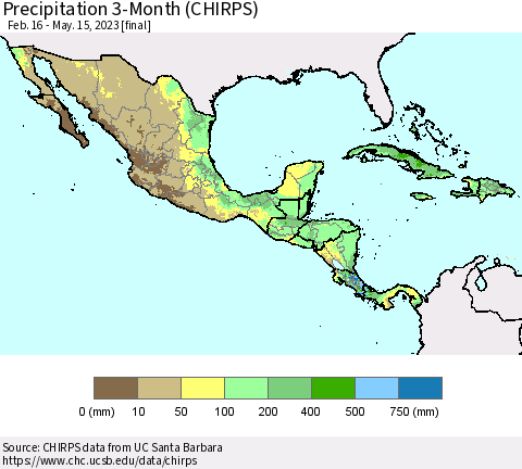 Mexico Central America and the Caribbean Precipitation 3-Month (CHIRPS) Thematic Map For 2/16/2023 - 5/15/2023