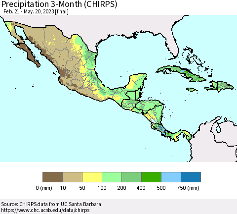 Mexico Central America and the Caribbean Precipitation 3-Month (CHIRPS) Thematic Map For 2/21/2023 - 5/20/2023