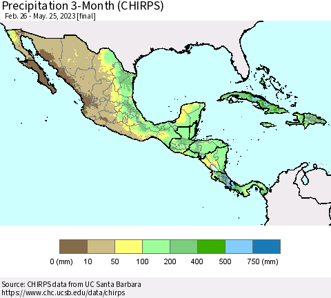 Mexico Central America and the Caribbean Precipitation 3-Month (CHIRPS) Thematic Map For 2/26/2023 - 5/25/2023