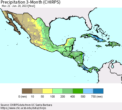 Mexico Central America and the Caribbean Precipitation 3-Month (CHIRPS) Thematic Map For 3/21/2023 - 6/20/2023