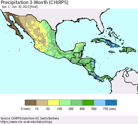 Mexico Central America and the Caribbean Precipitation 3-Month (CHIRPS) Thematic Map For 4/1/2023 - 6/30/2023