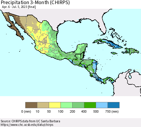Mexico Central America and the Caribbean Precipitation 3-Month (CHIRPS) Thematic Map For 4/6/2023 - 7/5/2023