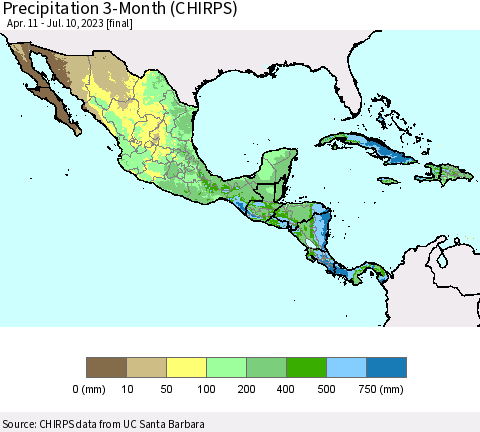 Mexico Central America and the Caribbean Precipitation 3-Month (CHIRPS) Thematic Map For 4/11/2023 - 7/10/2023