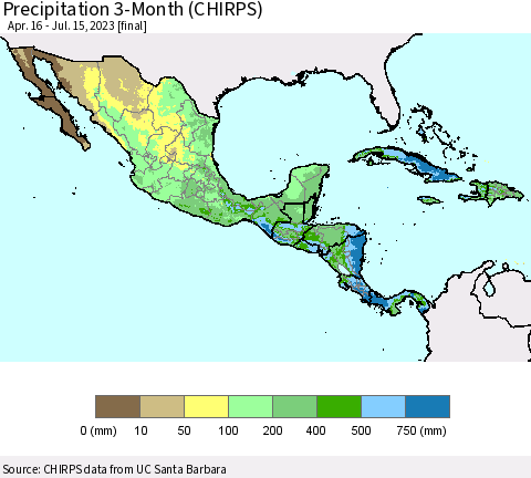 Mexico Central America and the Caribbean Precipitation 3-Month (CHIRPS) Thematic Map For 4/16/2023 - 7/15/2023