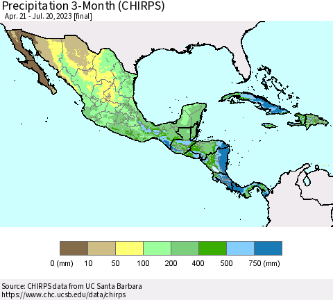 Mexico Central America and the Caribbean Precipitation 3-Month (CHIRPS) Thematic Map For 4/21/2023 - 7/20/2023