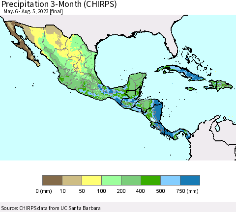 Mexico Central America and the Caribbean Precipitation 3-Month (CHIRPS) Thematic Map For 5/6/2023 - 8/5/2023