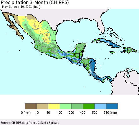 Mexico Central America and the Caribbean Precipitation 3-Month (CHIRPS) Thematic Map For 5/11/2023 - 8/10/2023