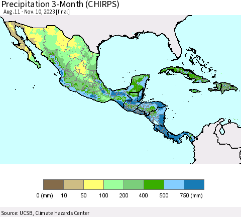 Mexico Central America and the Caribbean Precipitation 3-Month (CHIRPS) Thematic Map For 8/11/2023 - 11/10/2023
