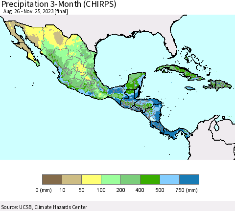 Mexico Central America and the Caribbean Precipitation 3-Month (CHIRPS) Thematic Map For 8/26/2023 - 11/25/2023