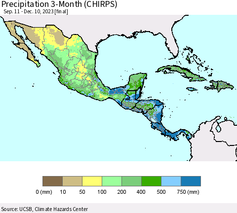Mexico Central America and the Caribbean Precipitation 3-Month (CHIRPS) Thematic Map For 9/11/2023 - 12/10/2023