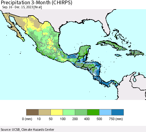 Mexico Central America and the Caribbean Precipitation 3-Month (CHIRPS) Thematic Map For 9/16/2023 - 12/15/2023