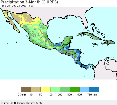 Mexico Central America and the Caribbean Precipitation 3-Month (CHIRPS) Thematic Map For 9/26/2023 - 12/25/2023