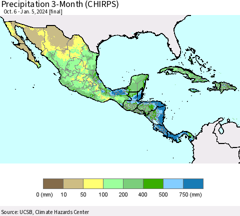 Mexico Central America and the Caribbean Precipitation 3-Month (CHIRPS) Thematic Map For 10/6/2023 - 1/5/2024