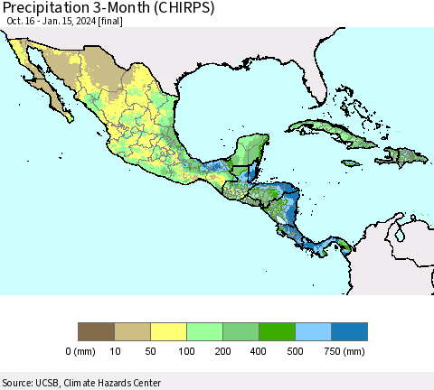 Mexico Central America and the Caribbean Precipitation 3-Month (CHIRPS) Thematic Map For 10/16/2023 - 1/15/2024