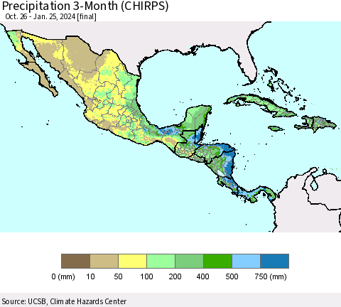 Mexico Central America and the Caribbean Precipitation 3-Month (CHIRPS) Thematic Map For 10/26/2023 - 1/25/2024