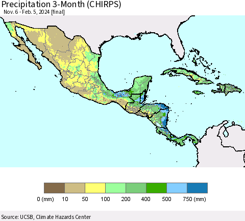 Mexico Central America and the Caribbean Precipitation 3-Month (CHIRPS) Thematic Map For 11/6/2023 - 2/5/2024