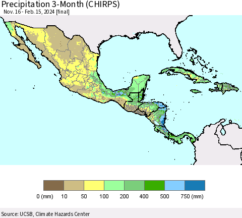 Mexico Central America and the Caribbean Precipitation 3-Month (CHIRPS) Thematic Map For 11/16/2023 - 2/15/2024