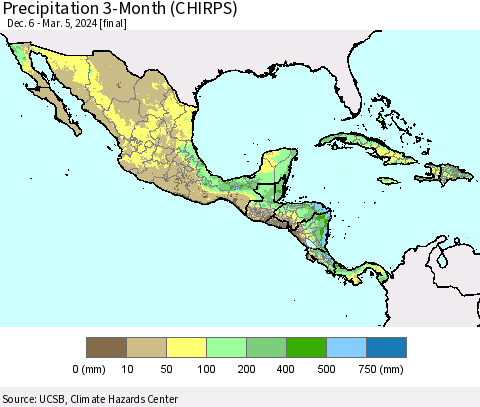 Mexico Central America and the Caribbean Precipitation 3-Month (CHIRPS) Thematic Map For 12/6/2023 - 3/5/2024