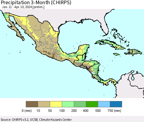 Mexico Central America and the Caribbean Precipitation 3-Month (CHIRPS) Thematic Map For 1/11/2024 - 4/10/2024