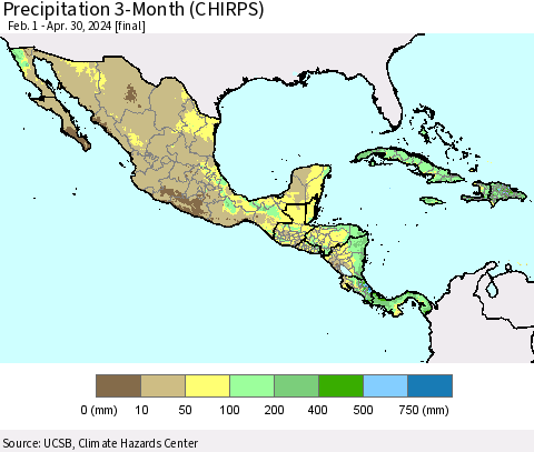 Mexico Central America and the Caribbean Precipitation 3-Month (CHIRPS) Thematic Map For 2/1/2024 - 4/30/2024