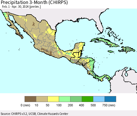 Mexico Central America and the Caribbean Precipitation 3-Month (CHIRPS) Thematic Map For 2/1/2024 - 4/30/2024