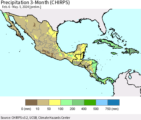 Mexico Central America and the Caribbean Precipitation 3-Month (CHIRPS) Thematic Map For 2/6/2024 - 5/5/2024