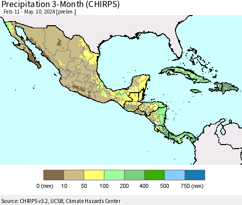 Mexico Central America and the Caribbean Precipitation 3-Month (CHIRPS) Thematic Map For 2/11/2024 - 5/10/2024
