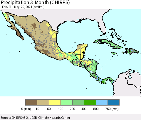 Mexico Central America and the Caribbean Precipitation 3-Month (CHIRPS) Thematic Map For 2/21/2024 - 5/20/2024