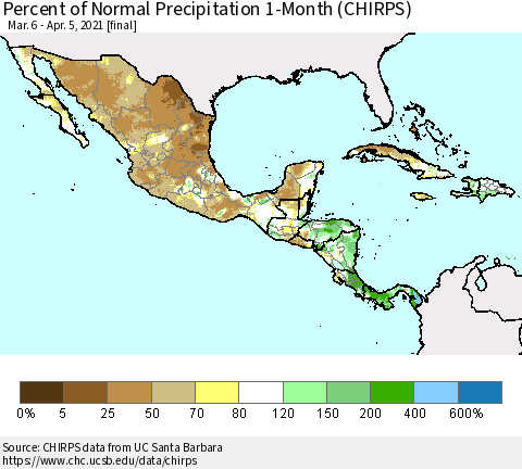 Mexico Central America and the Caribbean Percent of Normal Precipitation 1-Month (CHIRPS) Thematic Map For 3/6/2021 - 4/5/2021