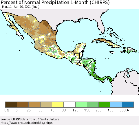 Mexico Central America and the Caribbean Percent of Normal Precipitation 1-Month (CHIRPS) Thematic Map For 3/11/2021 - 4/10/2021