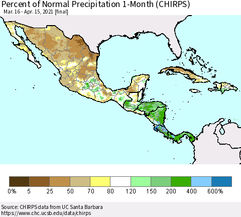 Mexico Central America and the Caribbean Percent of Normal Precipitation 1-Month (CHIRPS) Thematic Map For 3/16/2021 - 4/15/2021