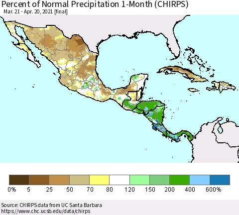Mexico Central America and the Caribbean Percent of Normal Precipitation 1-Month (CHIRPS) Thematic Map For 3/21/2021 - 4/20/2021