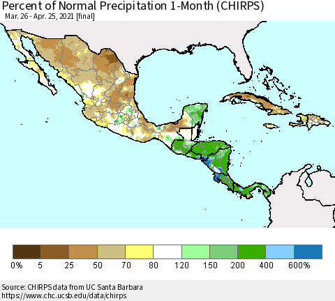 Mexico Central America and the Caribbean Percent of Normal Precipitation 1-Month (CHIRPS) Thematic Map For 3/26/2021 - 4/25/2021