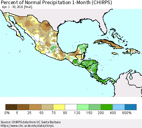 Mexico Central America and the Caribbean Percent of Normal Precipitation 1-Month (CHIRPS) Thematic Map For 4/1/2021 - 4/30/2021