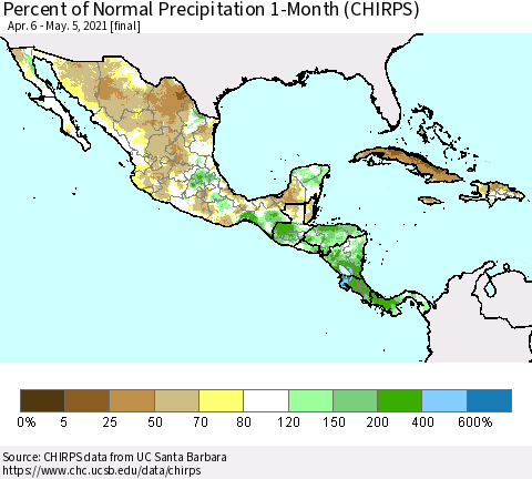 Mexico Central America and the Caribbean Percent of Normal Precipitation 1-Month (CHIRPS) Thematic Map For 4/6/2021 - 5/5/2021
