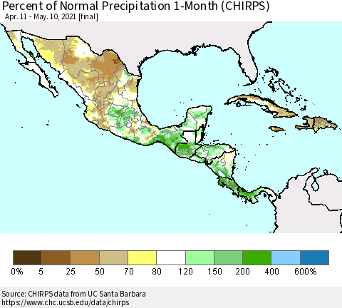 Mexico Central America and the Caribbean Percent of Normal Precipitation 1-Month (CHIRPS) Thematic Map For 4/11/2021 - 5/10/2021