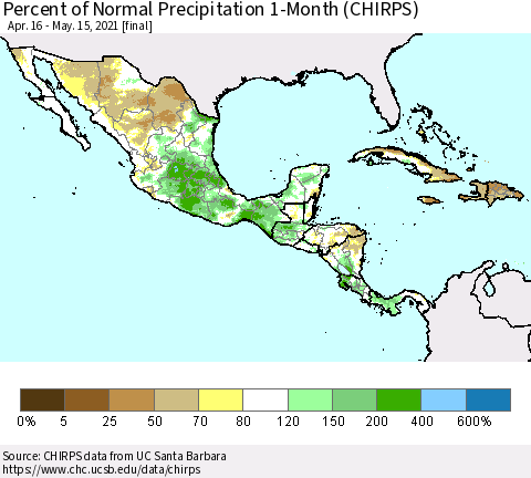 Mexico Central America and the Caribbean Percent of Normal Precipitation 1-Month (CHIRPS) Thematic Map For 4/16/2021 - 5/15/2021