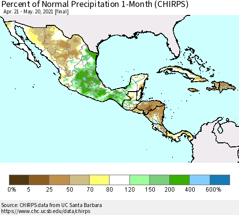 Mexico Central America and the Caribbean Percent of Normal Precipitation 1-Month (CHIRPS) Thematic Map For 4/21/2021 - 5/20/2021
