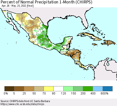 Mexico Central America and the Caribbean Percent of Normal Precipitation 1-Month (CHIRPS) Thematic Map For 4/26/2021 - 5/25/2021