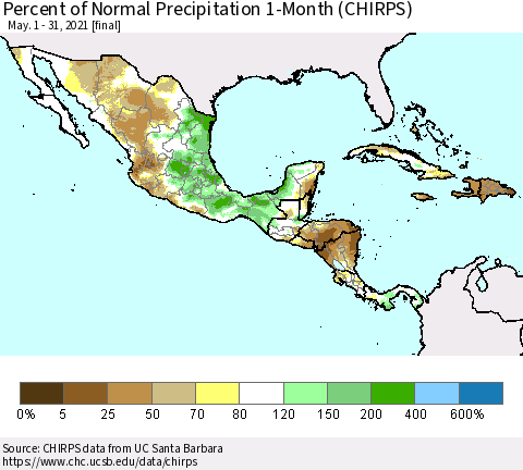 Mexico Central America and the Caribbean Percent of Normal Precipitation 1-Month (CHIRPS) Thematic Map For 5/1/2021 - 5/31/2021