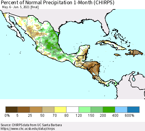 Mexico Central America and the Caribbean Percent of Normal Precipitation 1-Month (CHIRPS) Thematic Map For 5/6/2021 - 6/5/2021