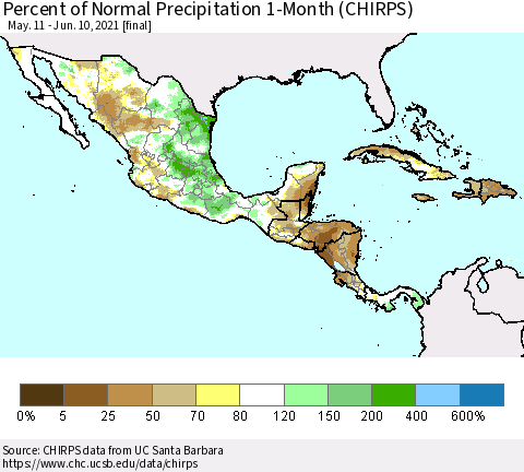 Mexico Central America and the Caribbean Percent of Normal Precipitation 1-Month (CHIRPS) Thematic Map For 5/11/2021 - 6/10/2021