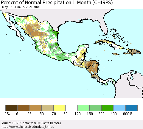 Mexico Central America and the Caribbean Percent of Normal Precipitation 1-Month (CHIRPS) Thematic Map For 5/16/2021 - 6/15/2021
