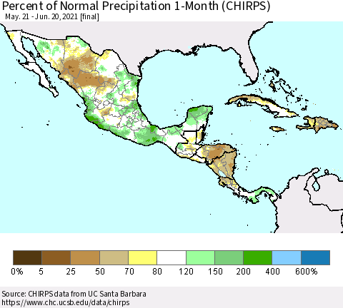 Mexico Central America and the Caribbean Percent of Normal Precipitation 1-Month (CHIRPS) Thematic Map For 5/21/2021 - 6/20/2021