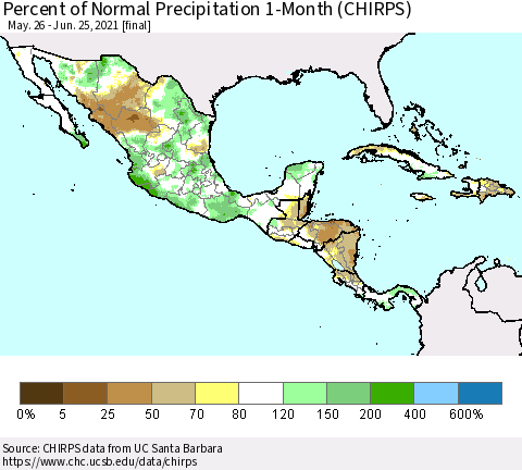 Mexico Central America and the Caribbean Percent of Normal Precipitation 1-Month (CHIRPS) Thematic Map For 5/26/2021 - 6/25/2021
