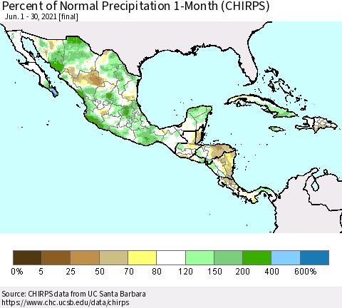Mexico Central America and the Caribbean Percent of Normal Precipitation 1-Month (CHIRPS) Thematic Map For 6/1/2021 - 6/30/2021