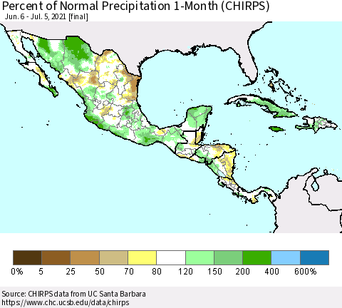 Mexico Central America and the Caribbean Percent of Normal Precipitation 1-Month (CHIRPS) Thematic Map For 6/6/2021 - 7/5/2021