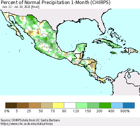 Mexico Central America and the Caribbean Percent of Normal Precipitation 1-Month (CHIRPS) Thematic Map For 6/11/2021 - 7/10/2021