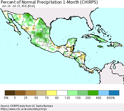 Mexico Central America and the Caribbean Percent of Normal Precipitation 1-Month (CHIRPS) Thematic Map For 6/16/2021 - 7/15/2021