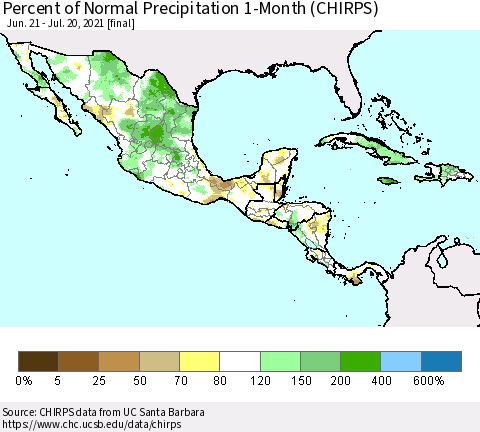 Mexico Central America and the Caribbean Percent of Normal Precipitation 1-Month (CHIRPS) Thematic Map For 6/21/2021 - 7/20/2021